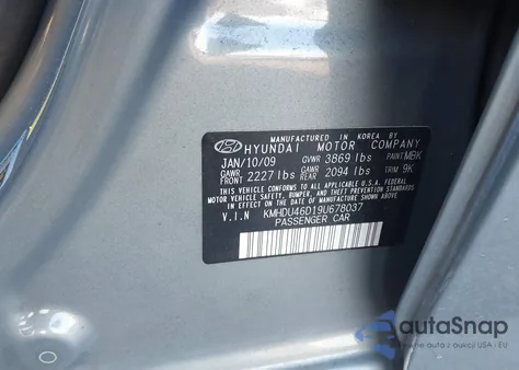 2009 Hyundai Elantra Gls from USA, damaged, VIN KMHDU46D19U678037